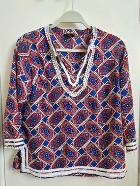 Talbots Red & Blue Cotton Printed V-Neck Embellished Women’s Top